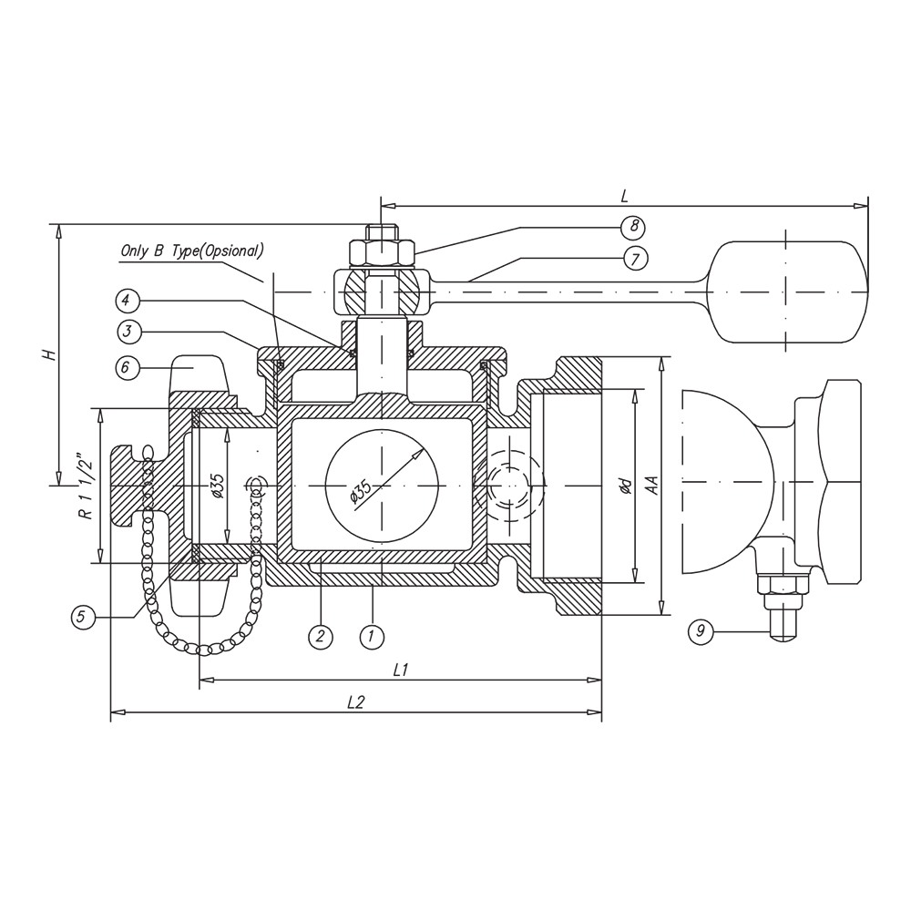Sounding Cocks Valve 90° Stop Turning Lever drawing 1
